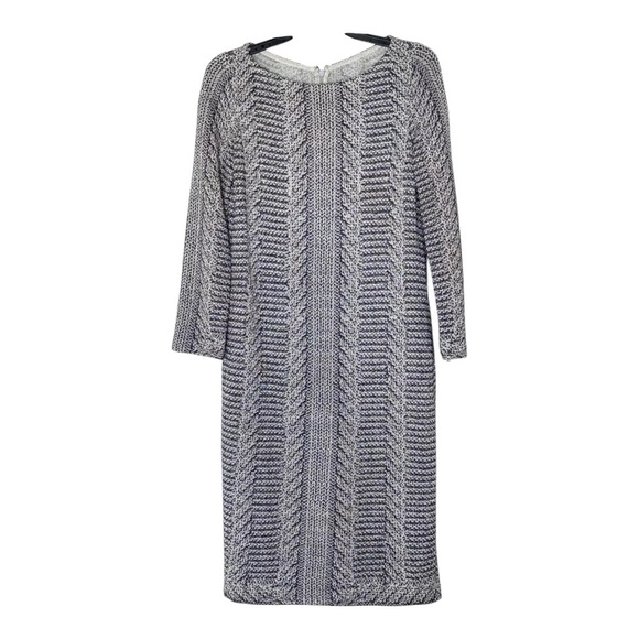 ST. JOHN Navy Blue Silver Metallic Knit Rayon Long Sleeve Midi Dress